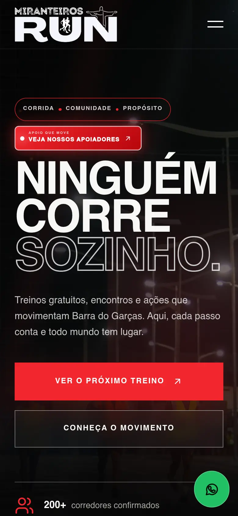 Captura real da página inicial do Miranteiros Run aberta no celular